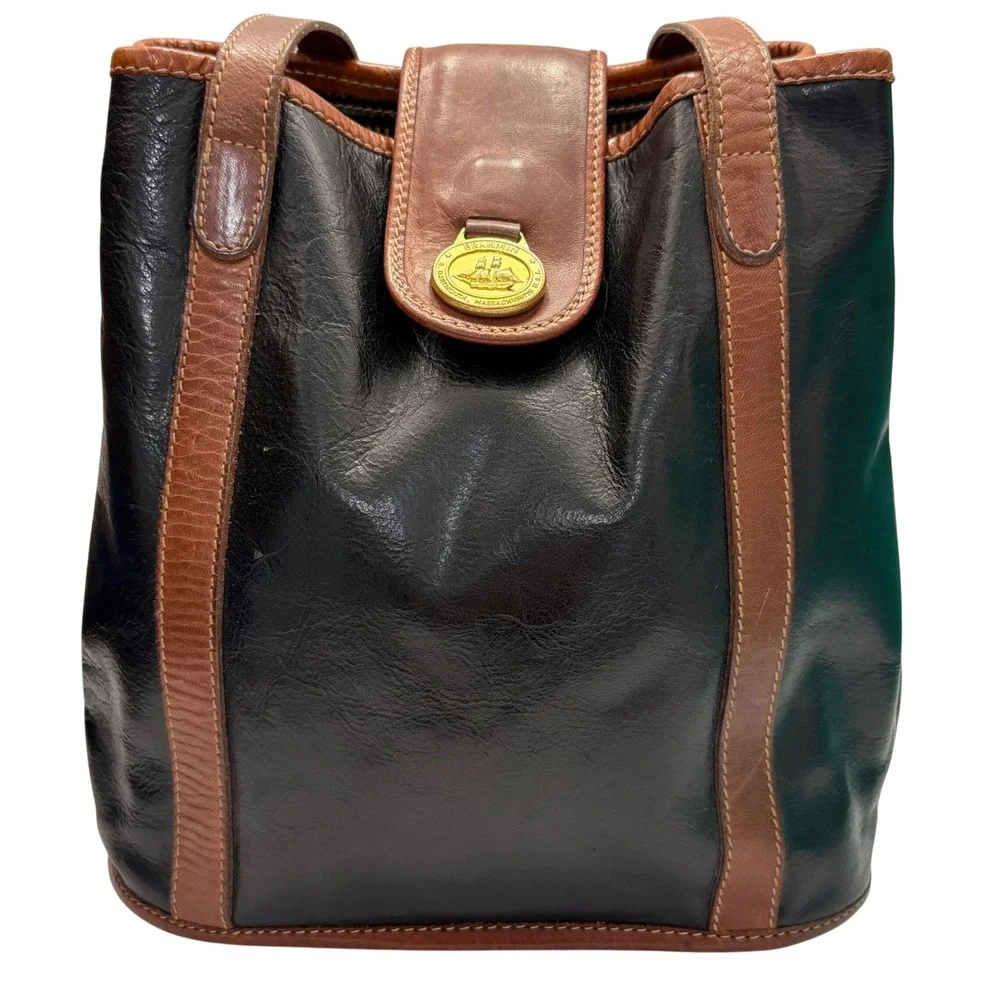 Vintage Brahmin Black Brown Leather Bucket Bag‎ Shoulder Bag USA Made Gold Logo